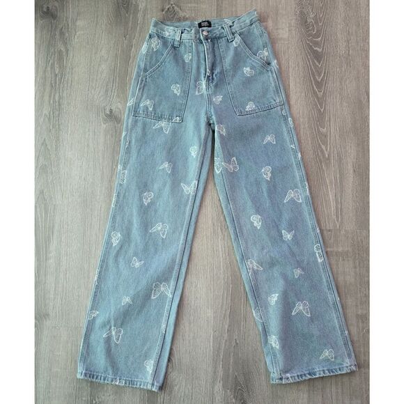 Simple Society Womens Jeans Size 1/25 butterfly wide leg blue High Rise Boho - Picture 1 of 15